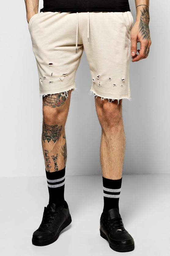 Jersey Shorts With Distressing & Raw Edges